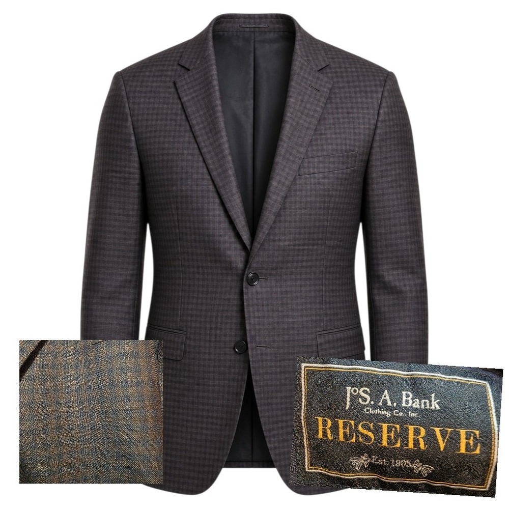 J.S.A. Bank Men 50 Regular Blazer Brown Silk Wool Reserve Micro Check Sport Coat